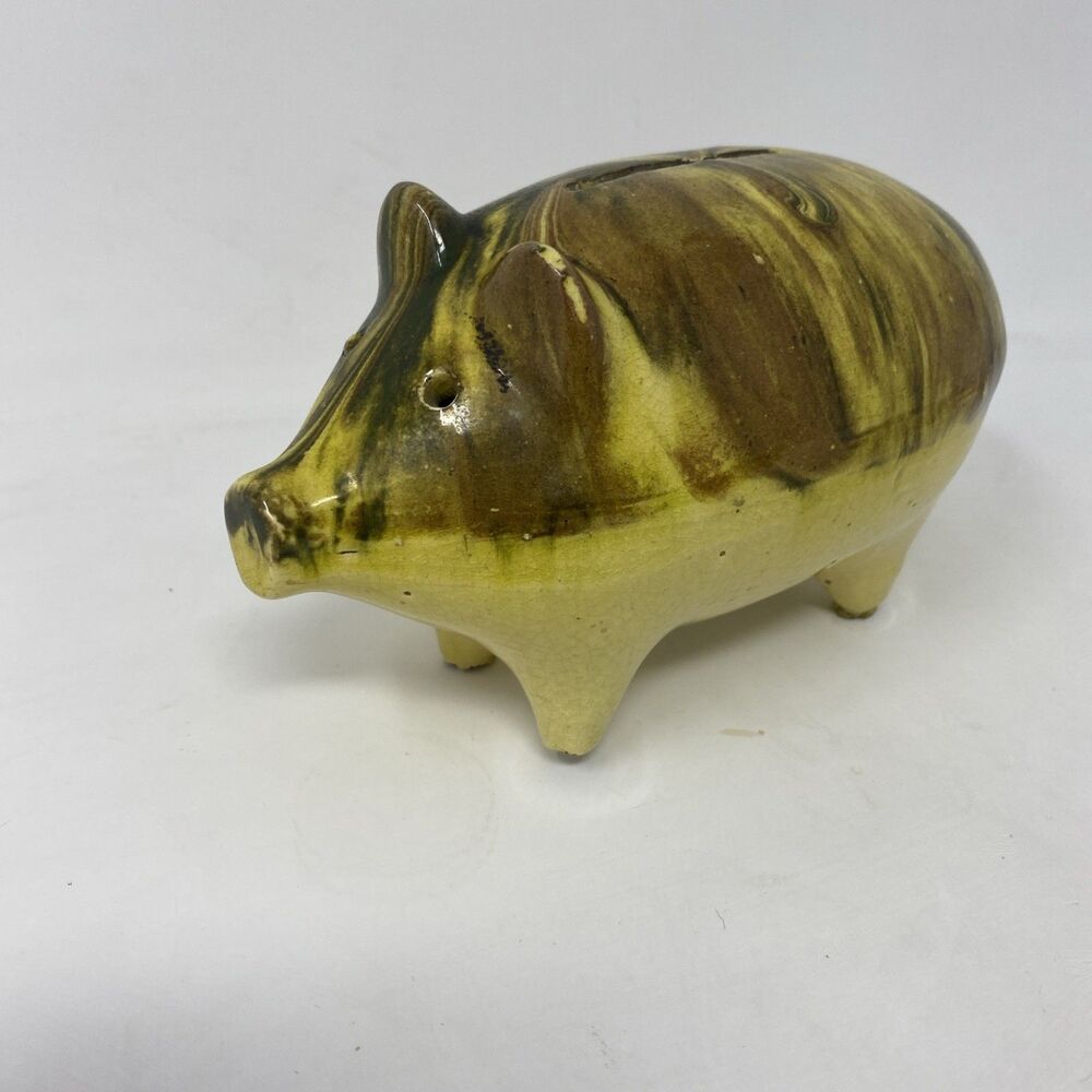 Yelloware Mocha Ware Piggy Bank Hole Eye Drip Glaze Ceramic Pig Initials Antique